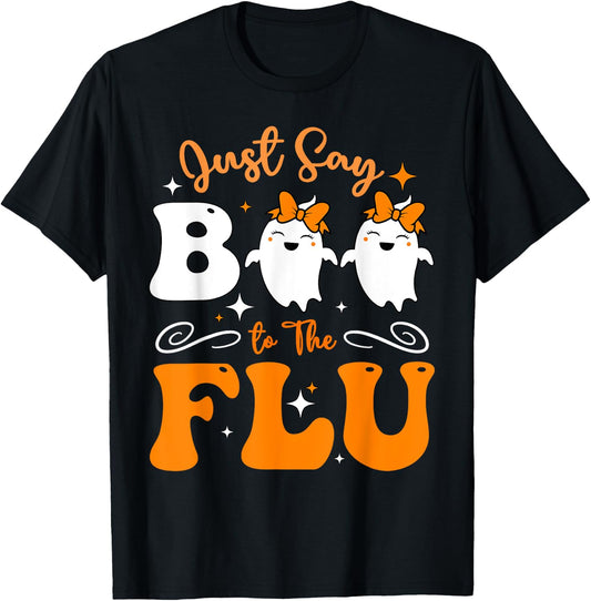 Say Boo To The Flu Funny Halloween Bow Cute Ghost Boo To Flu T-Shirt - T-Shirt | Black