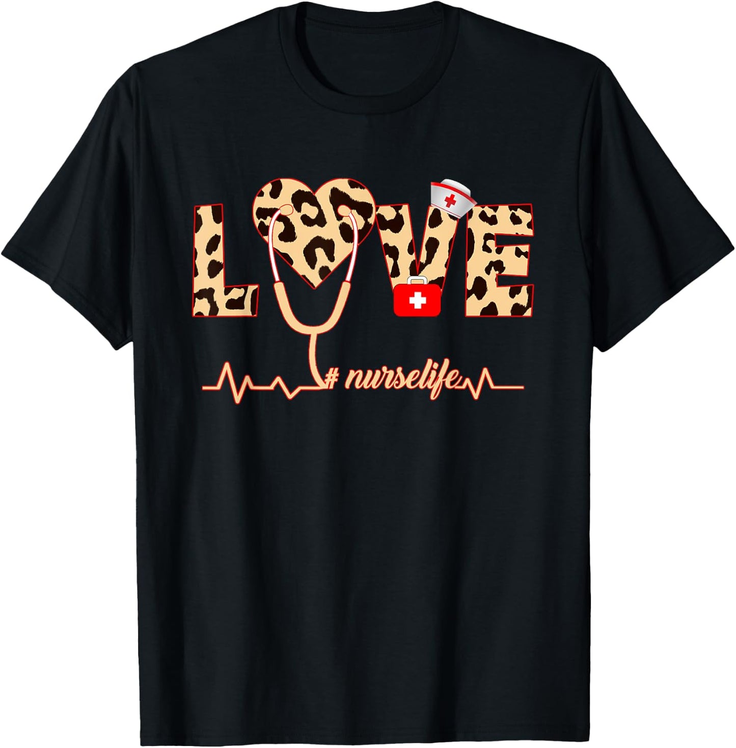Nurse Life RN LPN CNA Healthcare Cheetah Heart Leopard T-Shirt - T-Shirt | Black