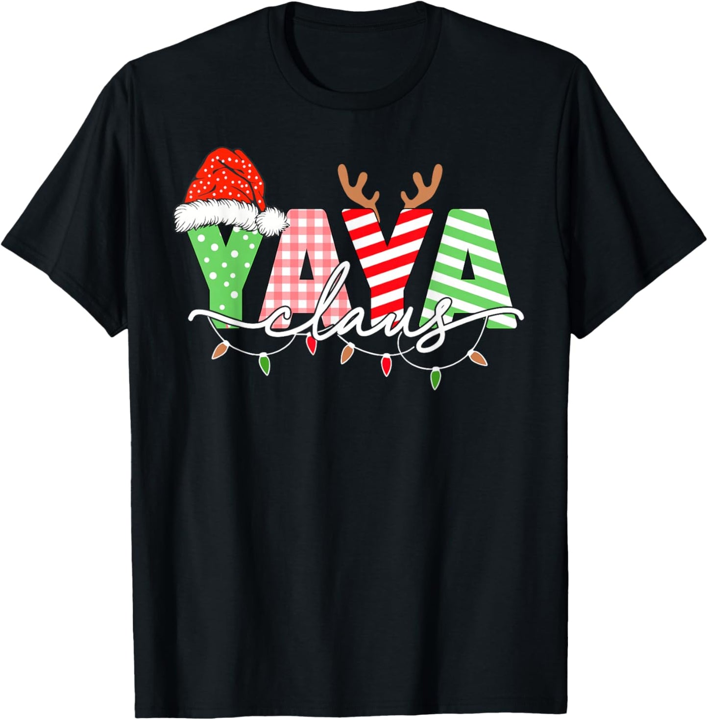 Yaya Claus Christmas Lights Santa Hat Family Matching T-Shirt - T-Shirt | Black