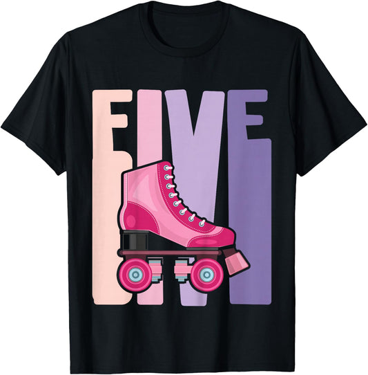 5 Year Old Cute Roller Skating Birthday Girl 5th B-day T-Shirt - T-Shirt | Black