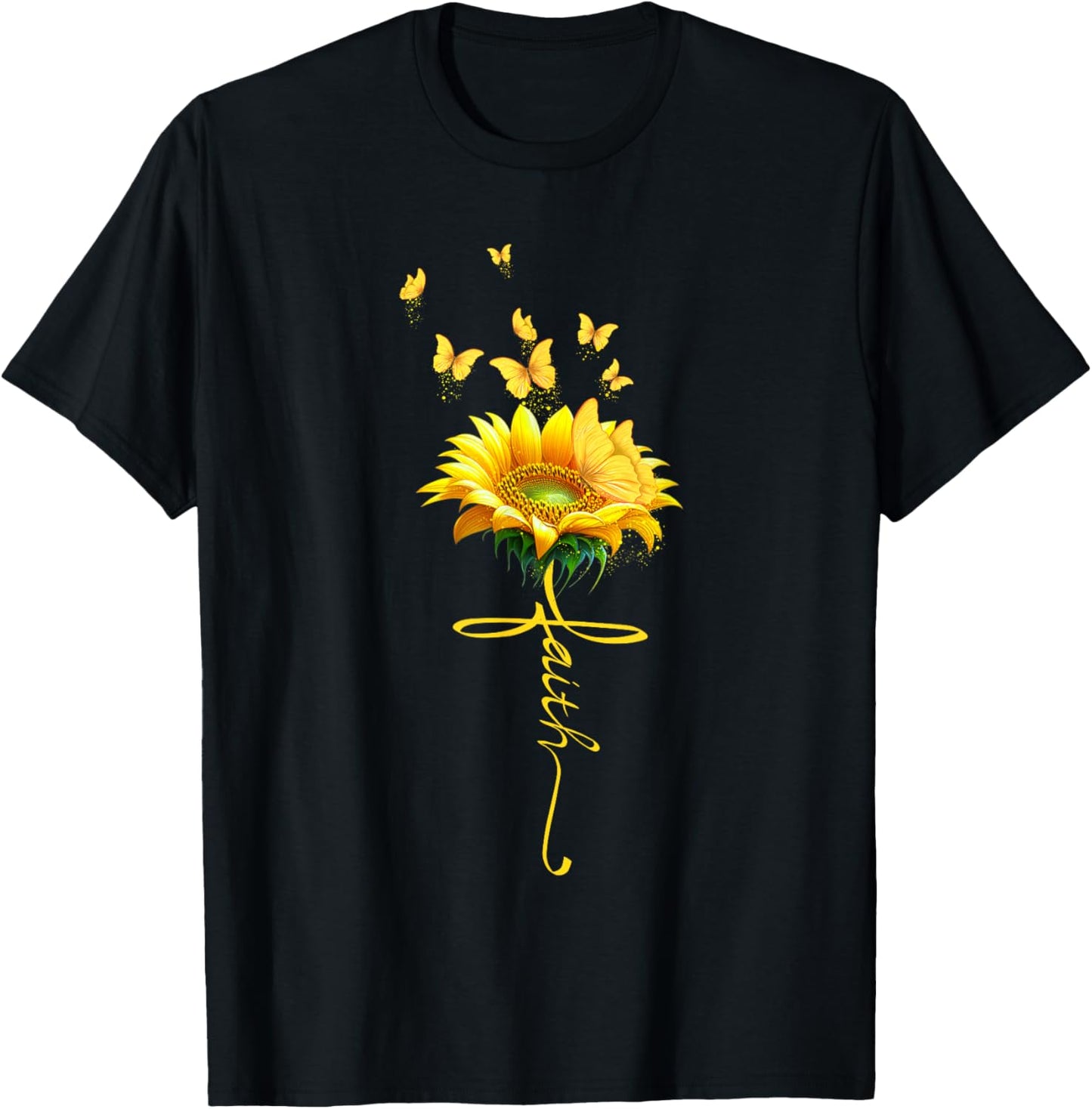Faith Cross Sunflower Butterflies Flowers Christians T-Shirt - T-Shirt | Black