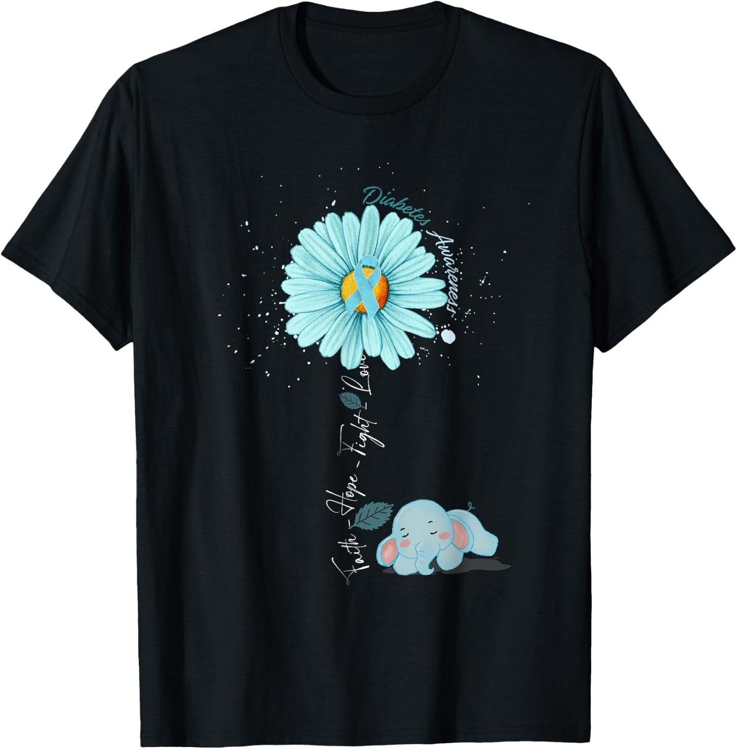 Faith Hope Fight Love Elephant Type 1 Diabetes Awareness Day T-Shirt - T-Shirt | Black