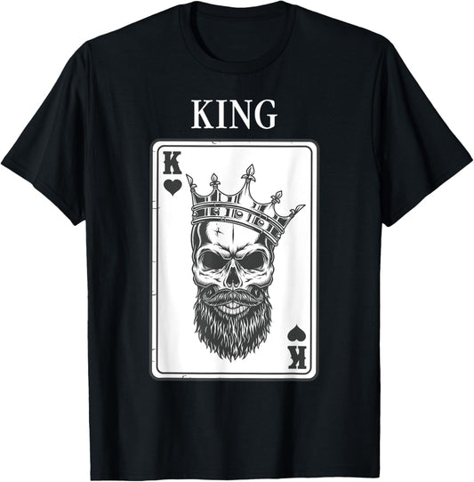 King And Queen Skull - 1/2 Card Hearts Flush Couple Matching T-Shirt - T-Shirt | Black