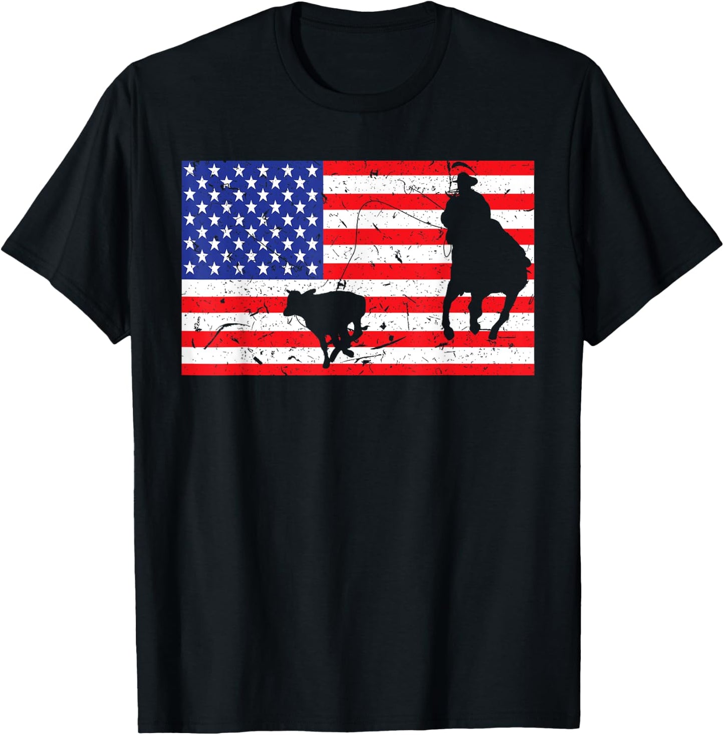 Distressed Roping USA American Flag Vintage Rodeo Calf Roper T-Shirt - T-Shirt | Black