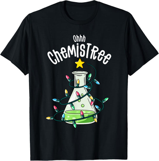 Chemistry by Joy Haus Oh Chemistree -Adults Black Small Modern Embroidery Cartoon Christmas Holiday Unique Design Short Sleeve Classic Fit Pull On Imported Cotton Blend T-Shirt - T-Shirt | Black