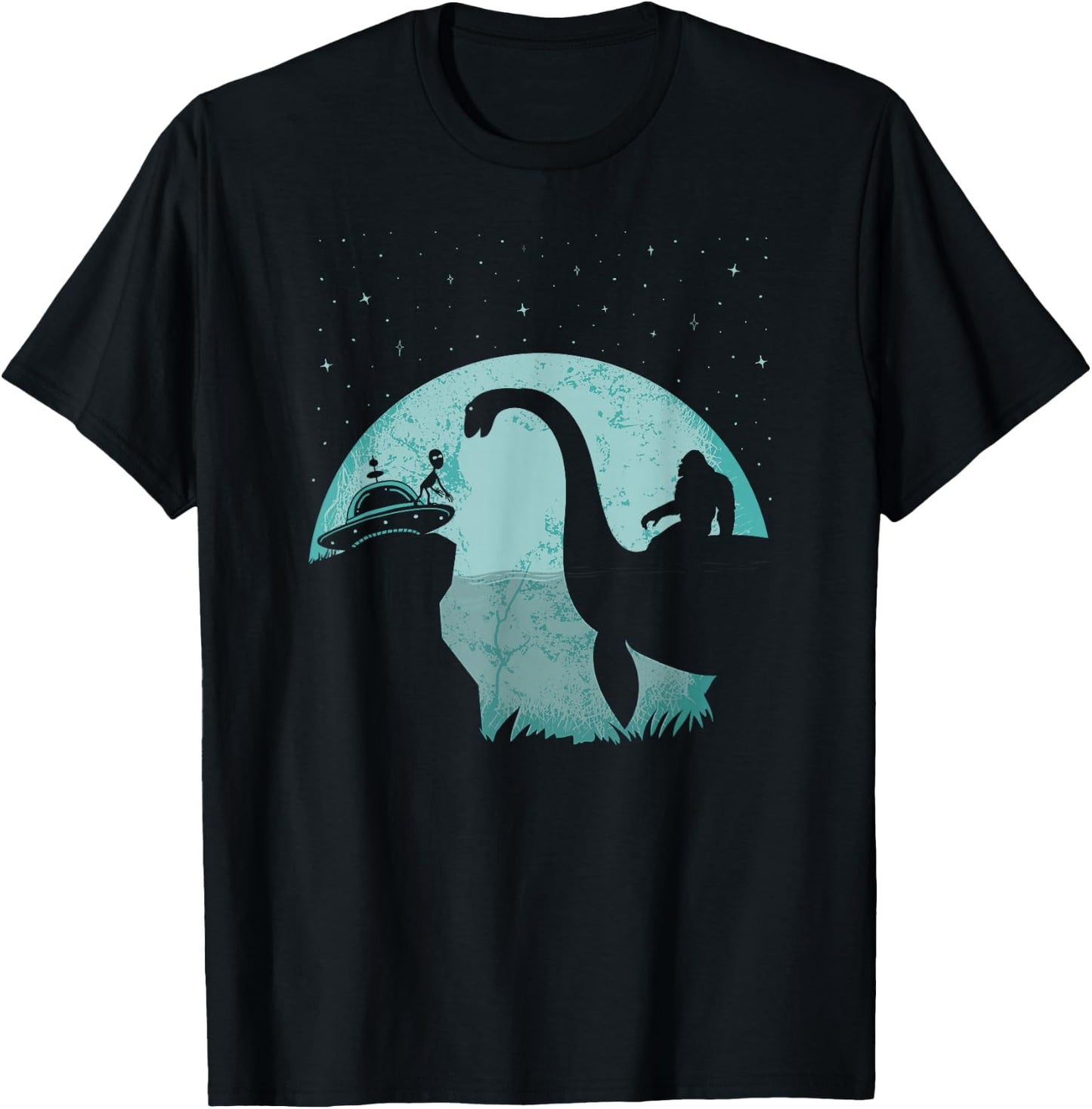 Bigfoot Riding Loch Ness Monster Sasquatch Ufo Abduction T-Shirt - T-Shirt | Black