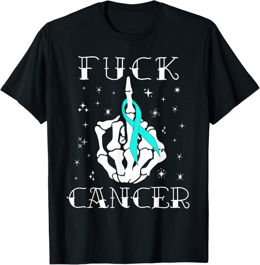 Fuck Cancer Tattoos Survivor Teal Ribbon Ovarian Cancer T-Shirt - T-Shirt | Black