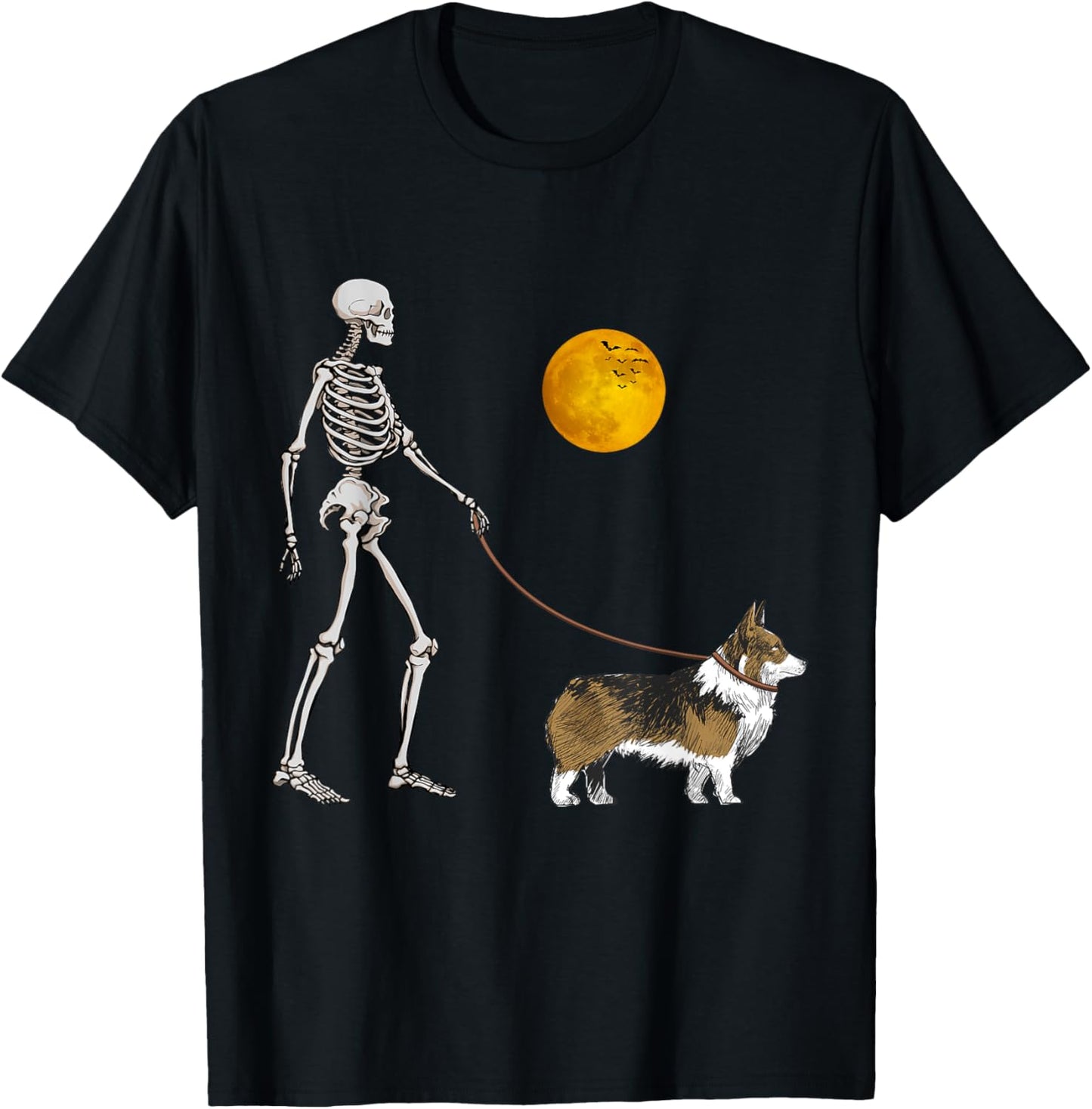 Pembroke Welsh Corgi Skeleton Dog Walking Halloween Costume T-Shirt - T-Shirt | Black