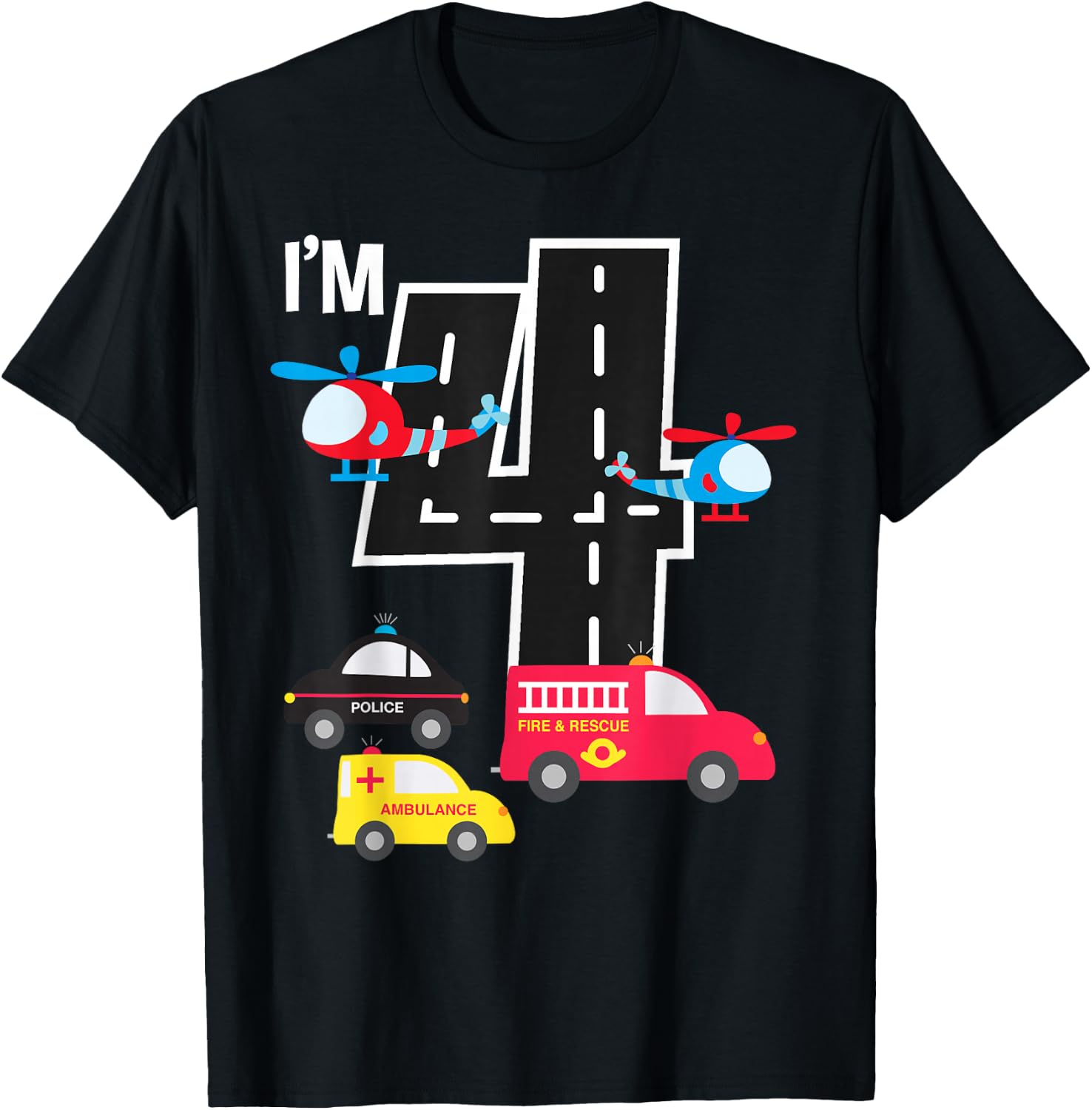 4th Birthday Fire Truck Police Car Ambulance 4 Year Toddler T-Shirt - T-Shirt | Black
