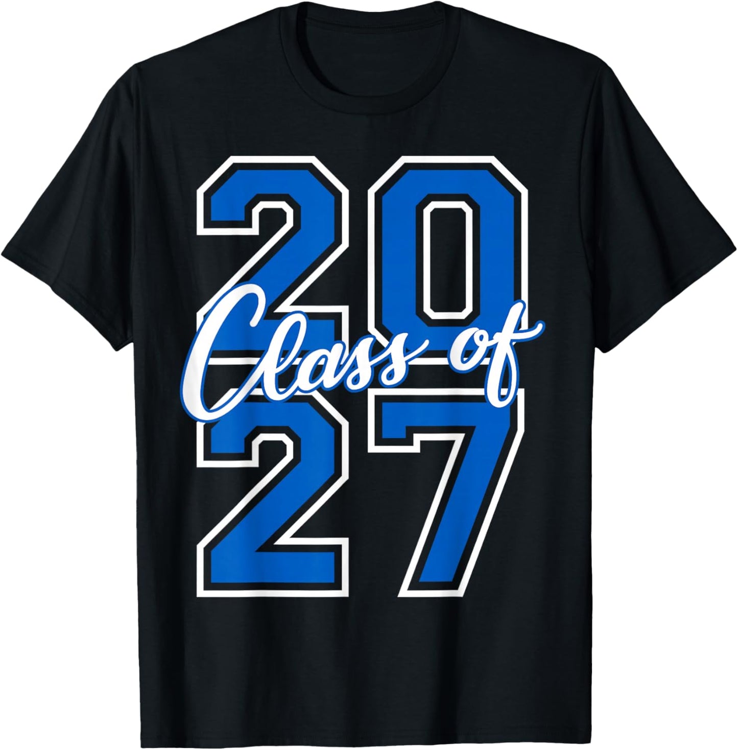 Class of 2027 Graduation Varsity Blue and White Letters T-Shirt - T-Shirt | Black