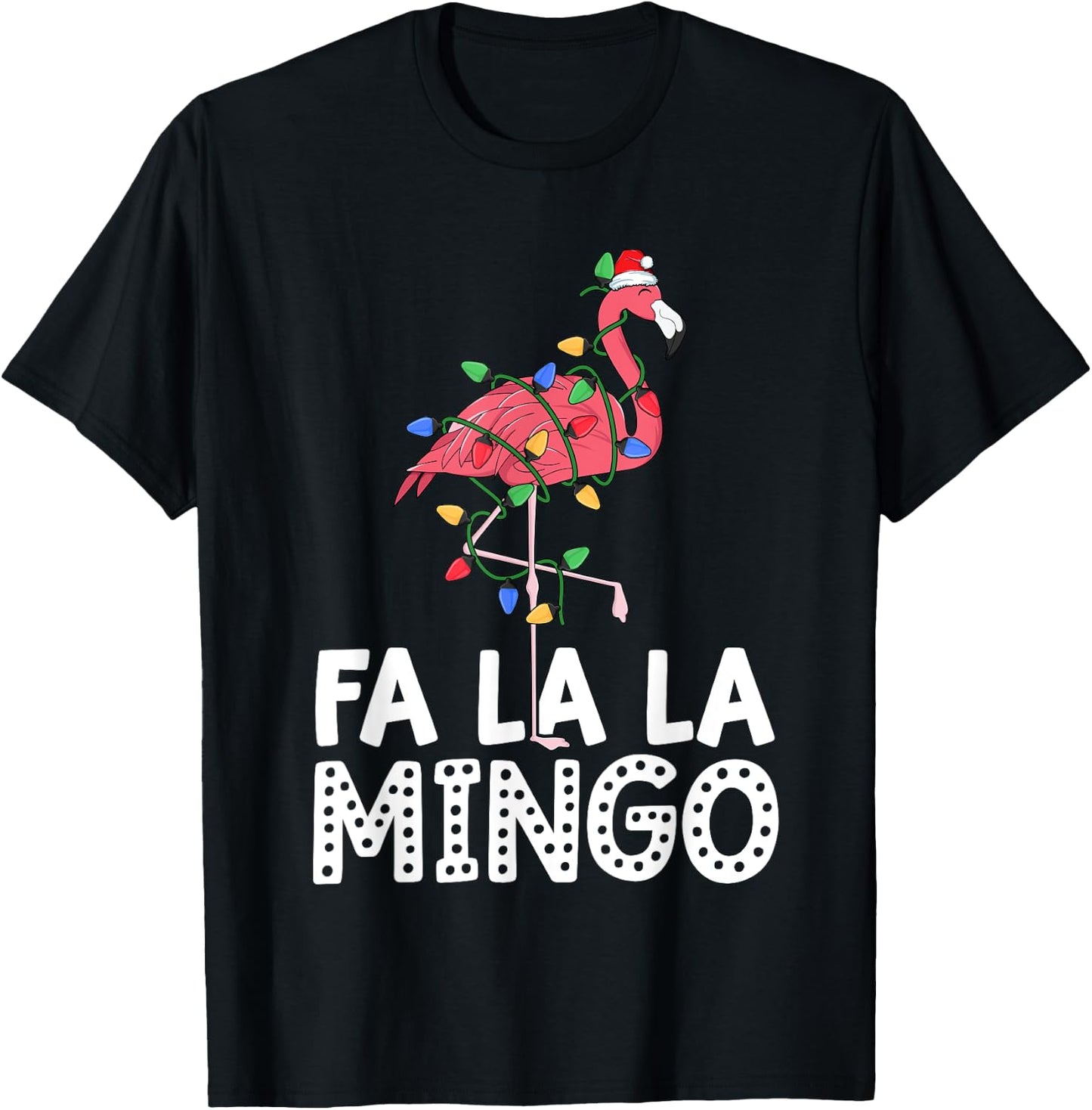 Fa La La Mingo Flamingo Christmas Tree Lights Tropical Xmas T-Shirt - T-Shirt | Black