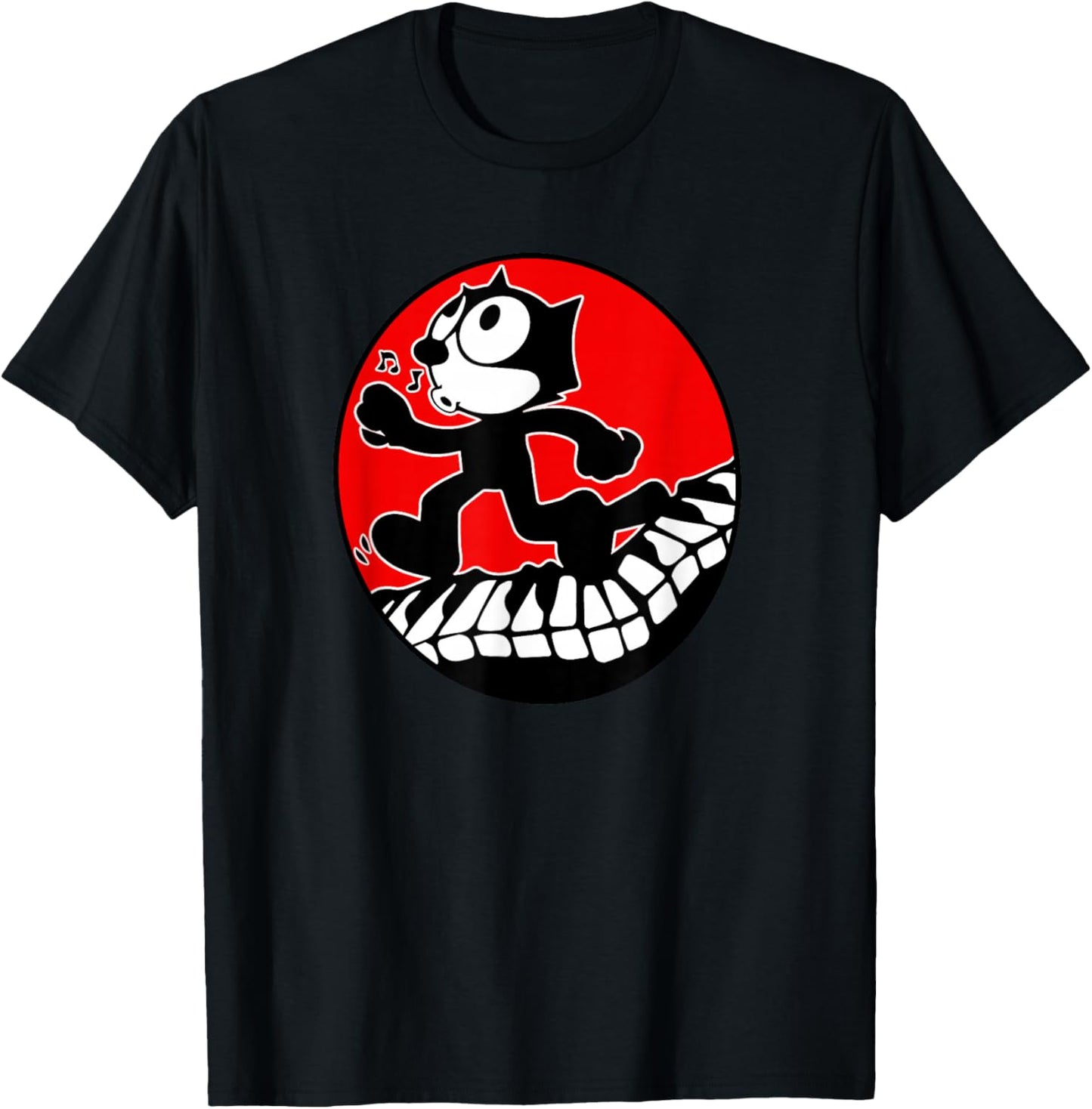 Felix Cartoon Cat Walks and Whistles on Piano Keyboard Retro T-Shirt - T-Shirt | Black