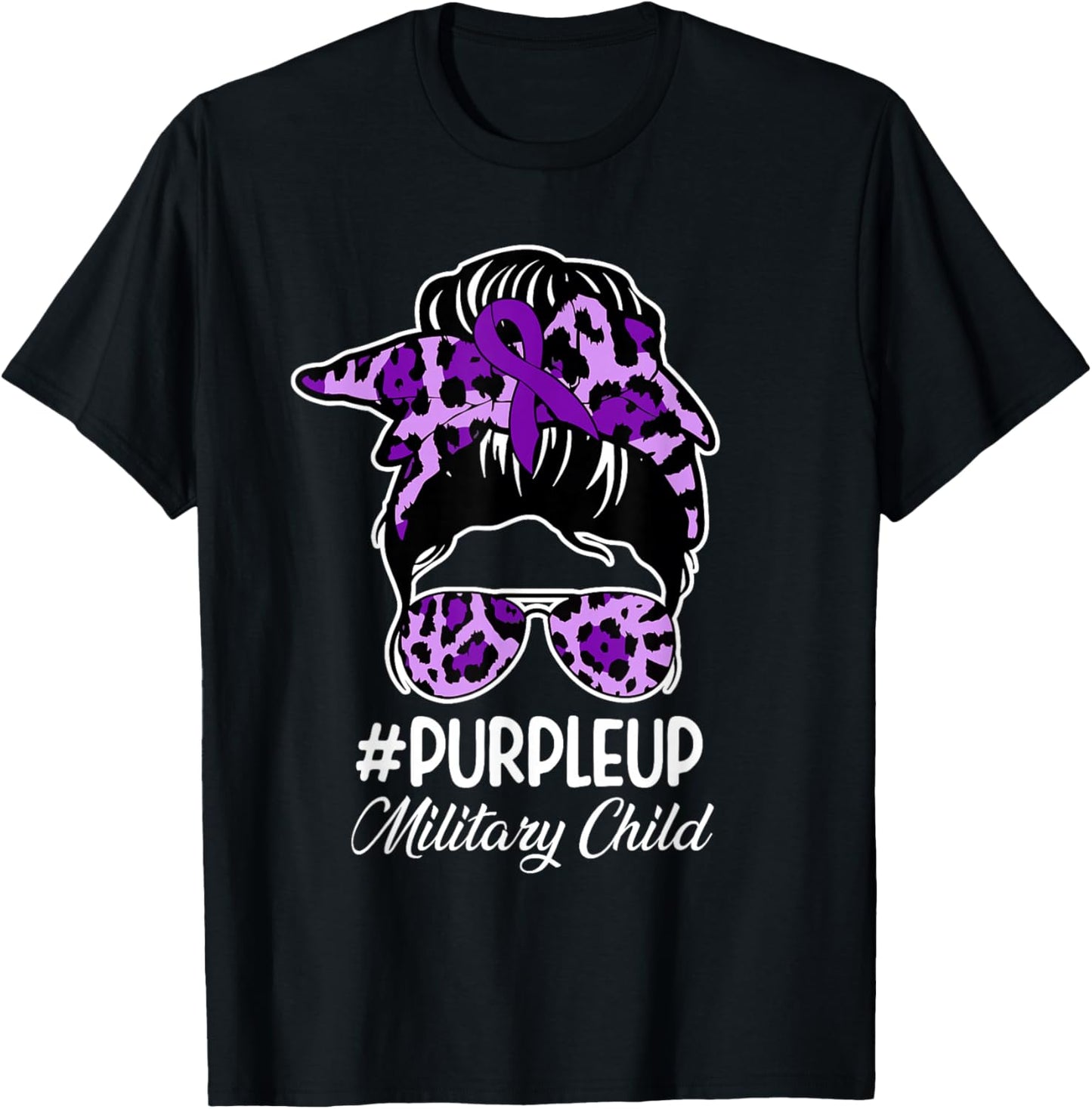Bleached Purple Up for Military Kids Messy Bun Mom T-Shirt - T-Shirt | Black