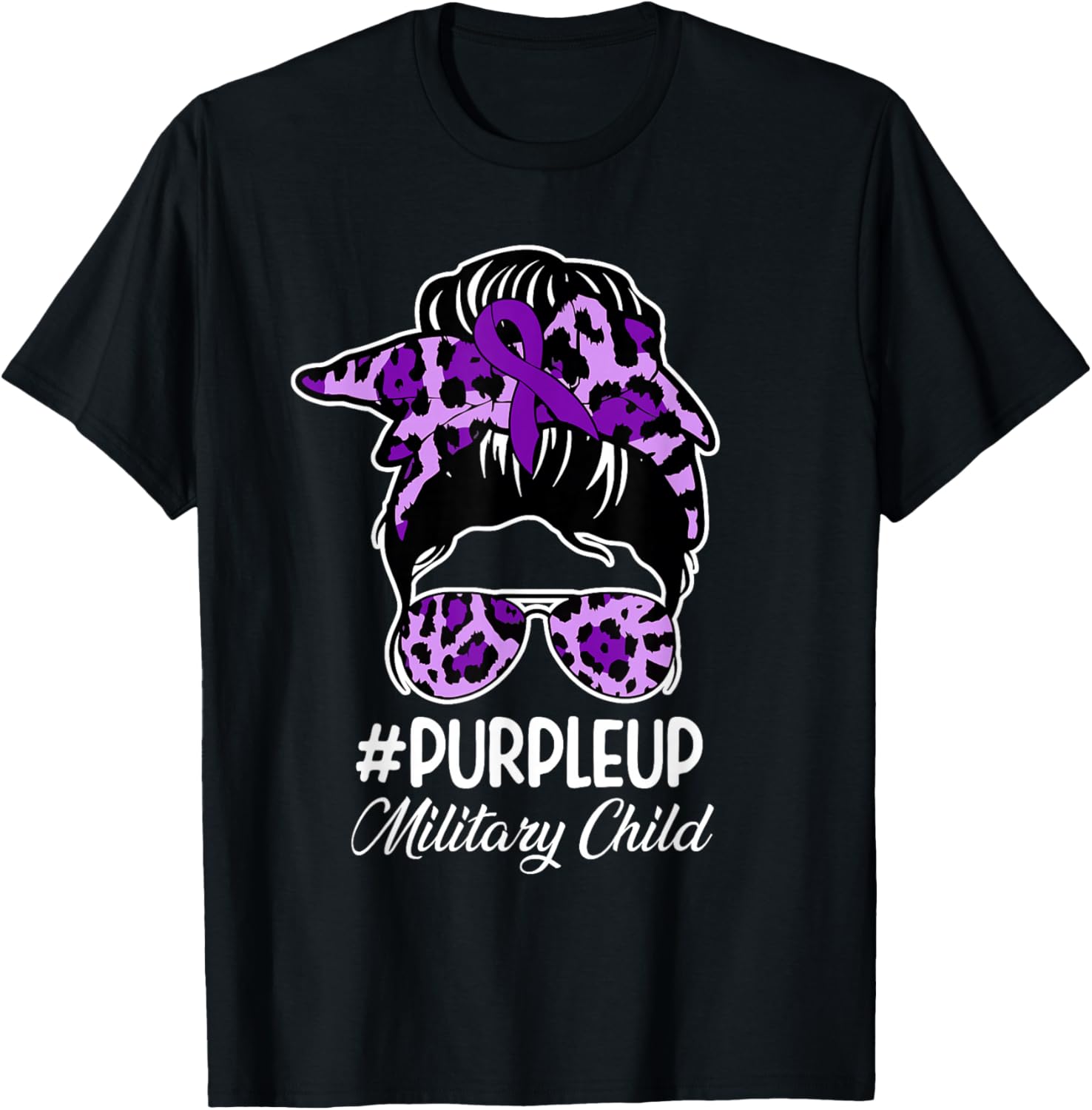 Bleached Purple Up for Military Kids Messy Bun Mom T-Shirt - T-Shirt | Black