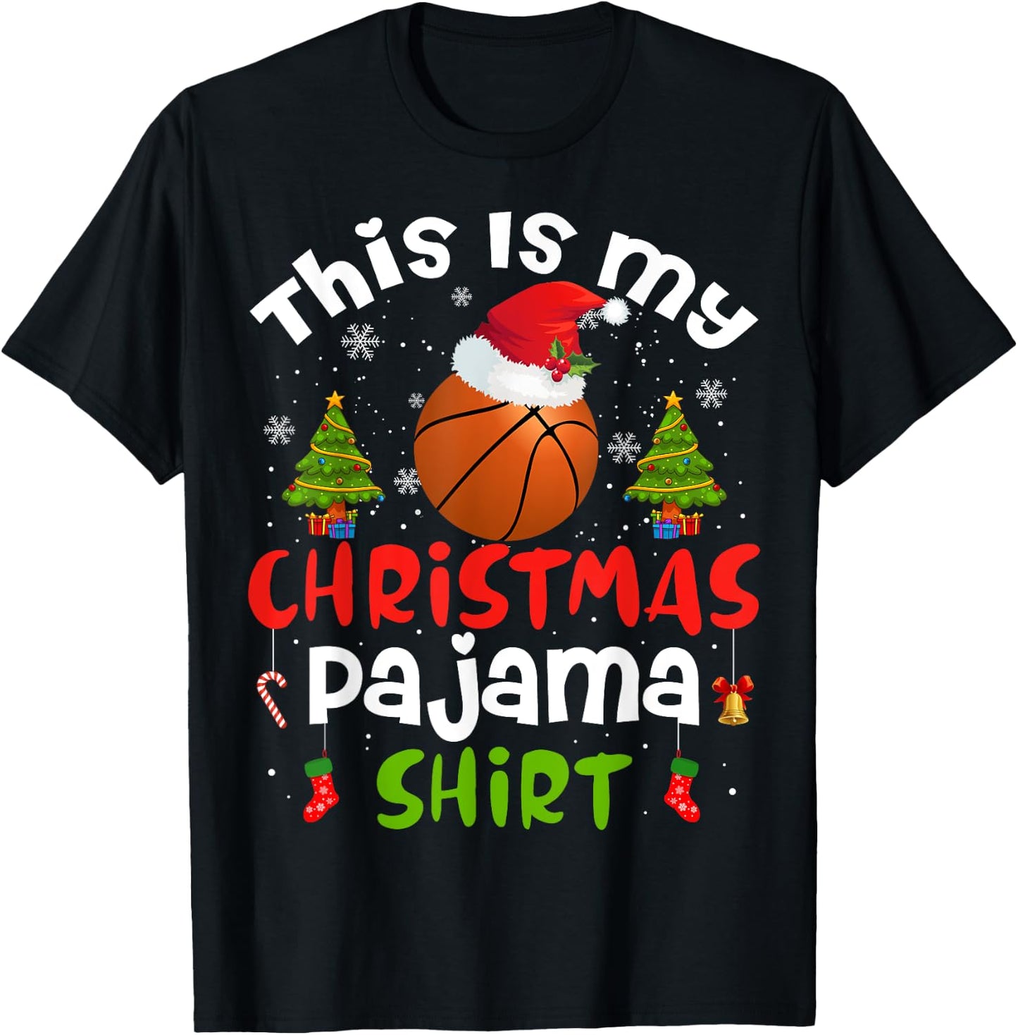 This Is My Christmas Pajama Shirt Basketball Santa Hat Gift T-Shirt - T-Shirt | Black