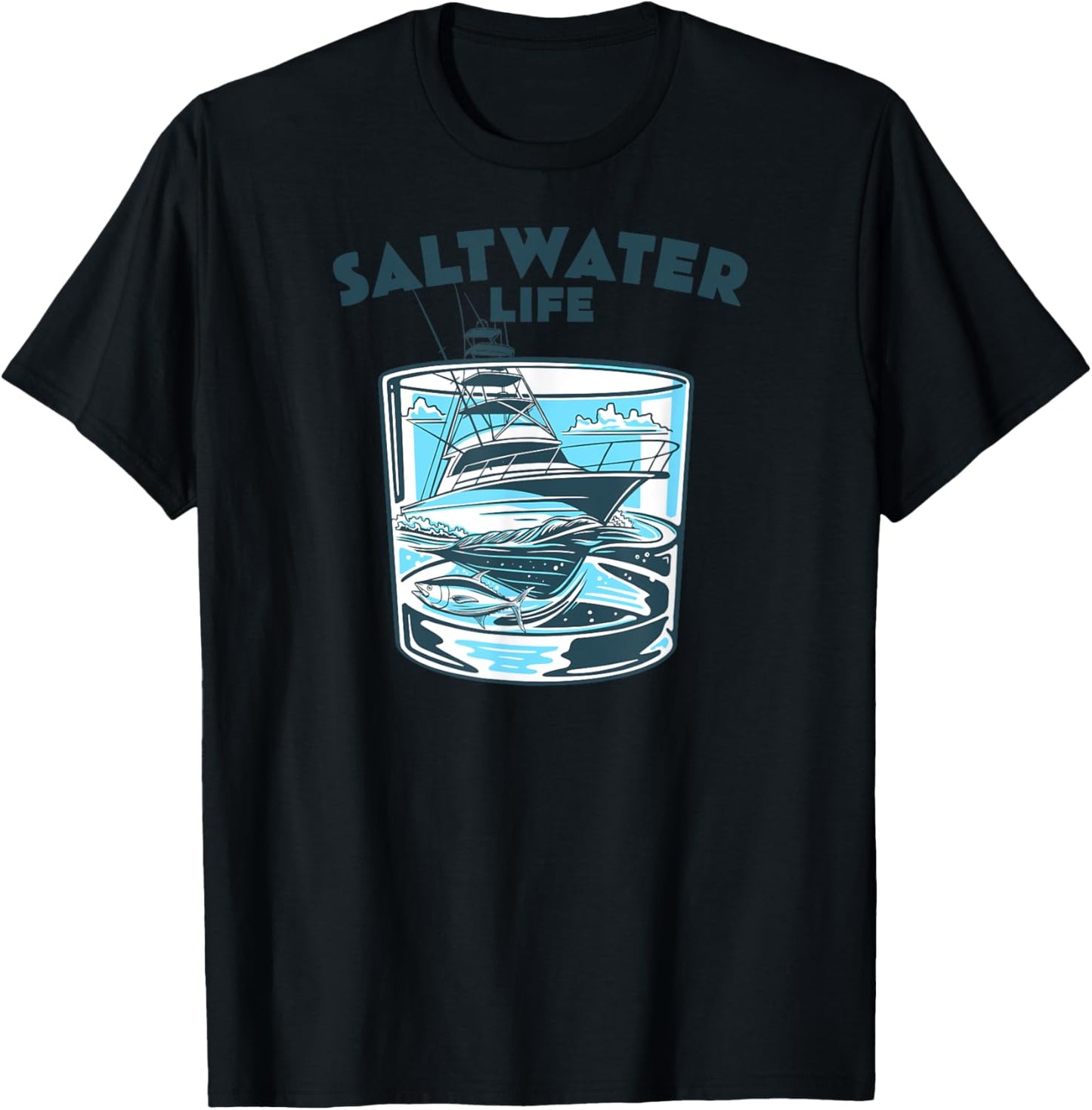 Saltwater Fishing Saltwater Life Glasses and Waves High Seas T-Shirt - T-Shirt | Black