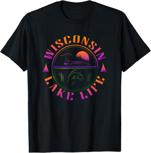 Wisconsin - Lake Life with Loon, Walleye, and Sunset T-Shirt - T-Shirt | Black