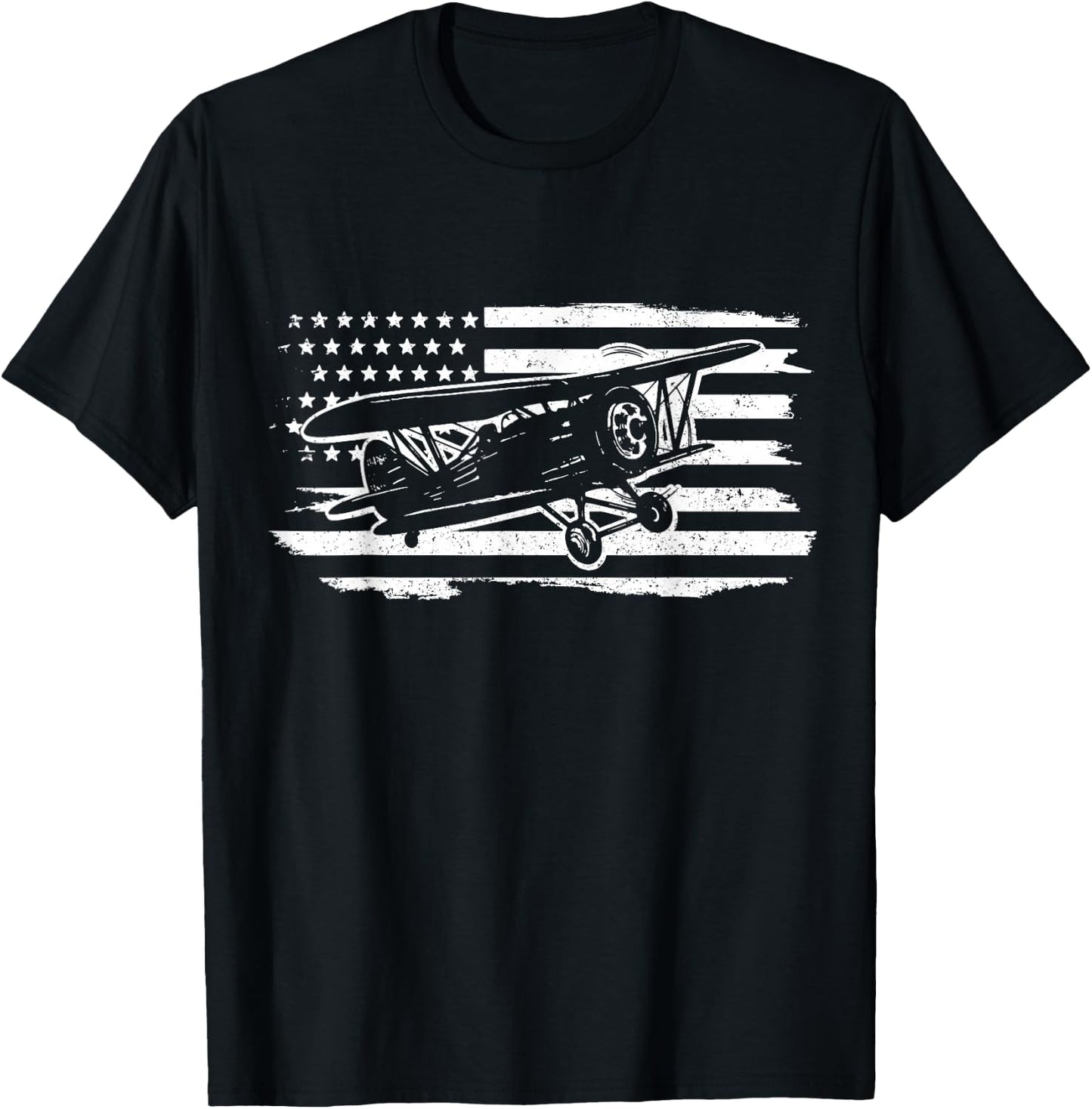 Airplane Pilot Vintage Patriotic Flag Biplane Plane Aviation T-Shirt - T-Shirt | Black