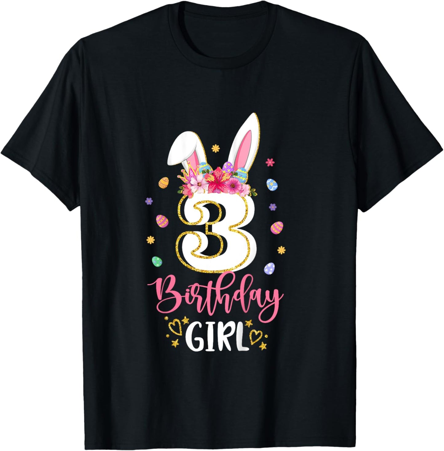 Birthday Princess Floral Bunny 3rd Birthday Girl 3 Yrs Old T-Shirt - T-Shirt | Black