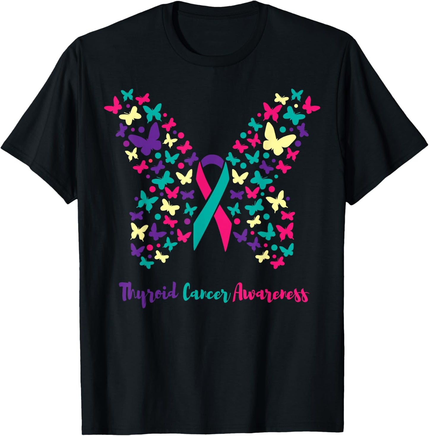 Thyroid Cancer Awareness Shirt, Butterfly Teal, Pink, Purple T-Shirt - T-Shirt | Black
