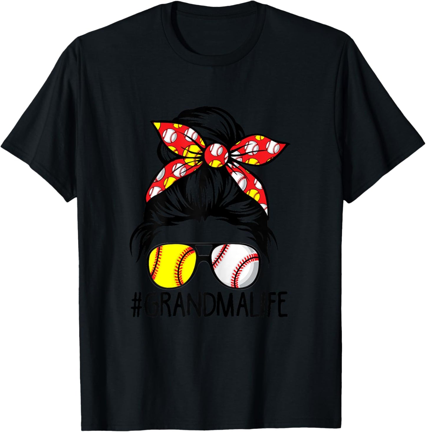 Dy Messy Bun Mothers Day Softball Baseball Grandma Life T-Shirt - T-Shirt | Black