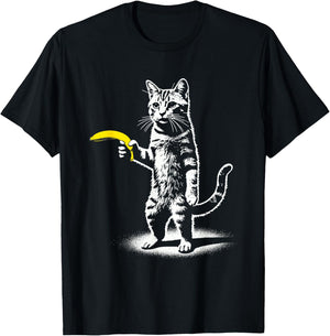Retro Cat with Banana Meme Men Women Kids Novelty Funny Cat T-Shirt - T-Shirt | Black