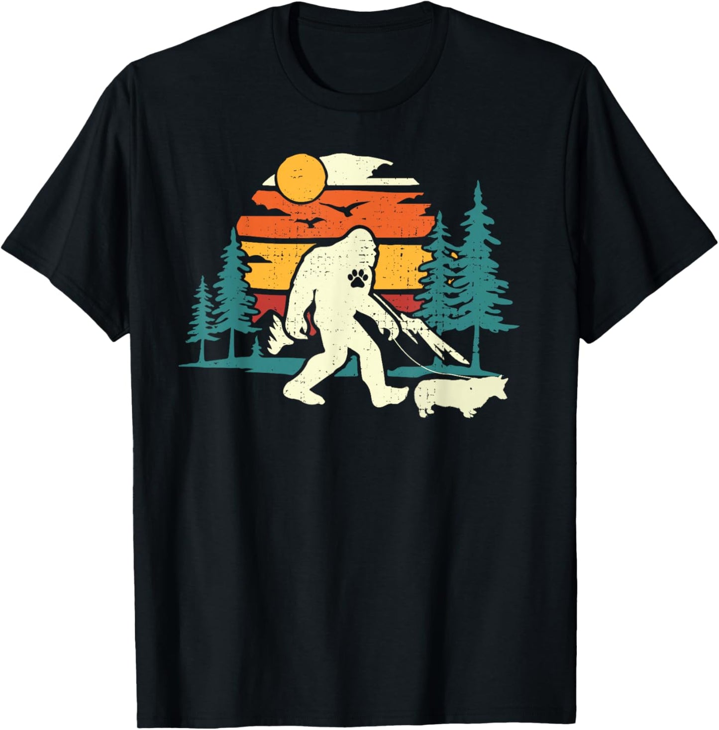 Retro Bigfoot Walking Welsh Corgi Dog Walker Sasquatch T-Shirt - T-Shirt | Black