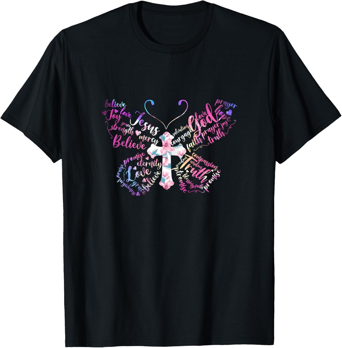 Butterfly Prayer Jesus Christian Cross Floral Pattern T-Shirt - T-Shirt | Black