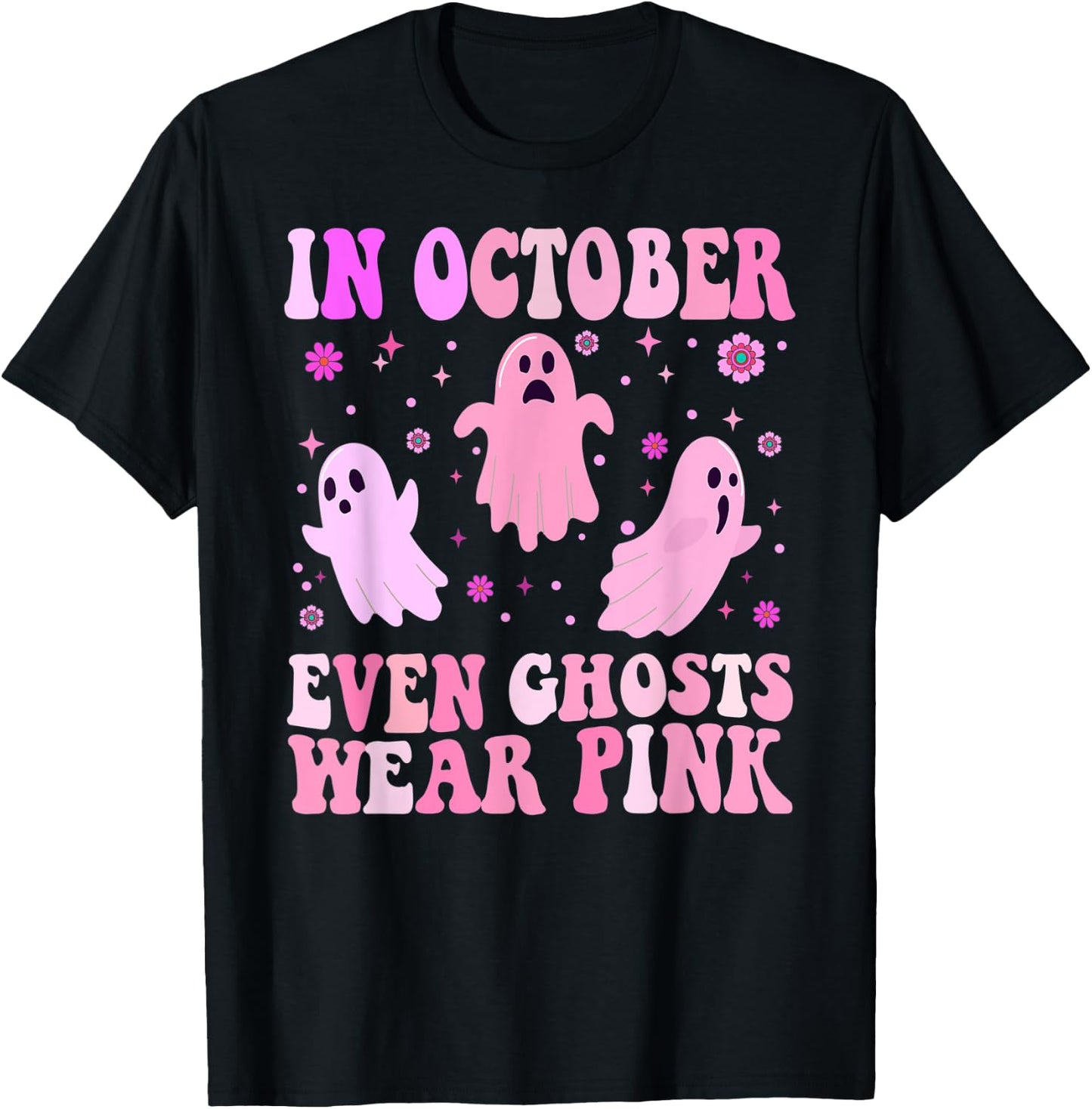 Breast Cancer October Even Ghost Wear Pink Groovy Halloween T-Shirt - T-Shirt | Black