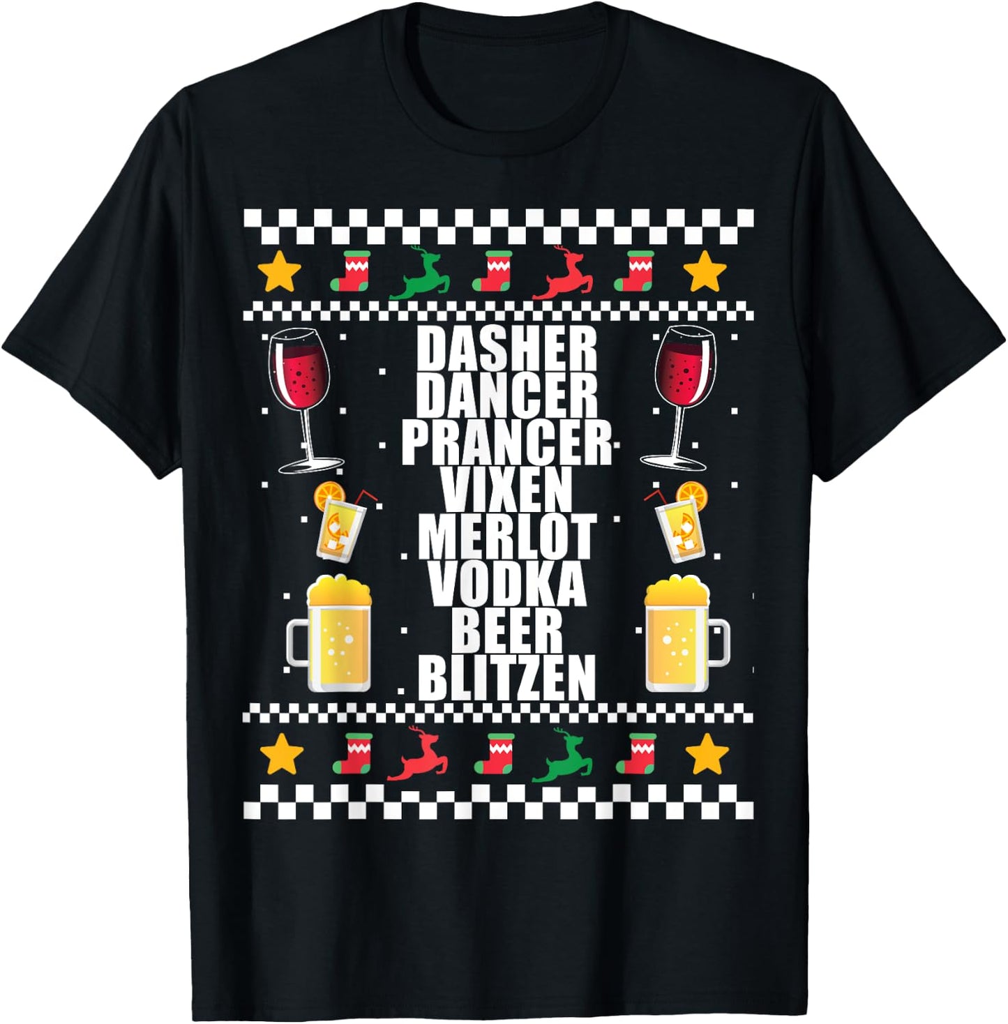 DASHER VODKA BLITZEN Alcohol Reindeer Ugly Christmas Sweater T-Shirt - T-Shirt | Black