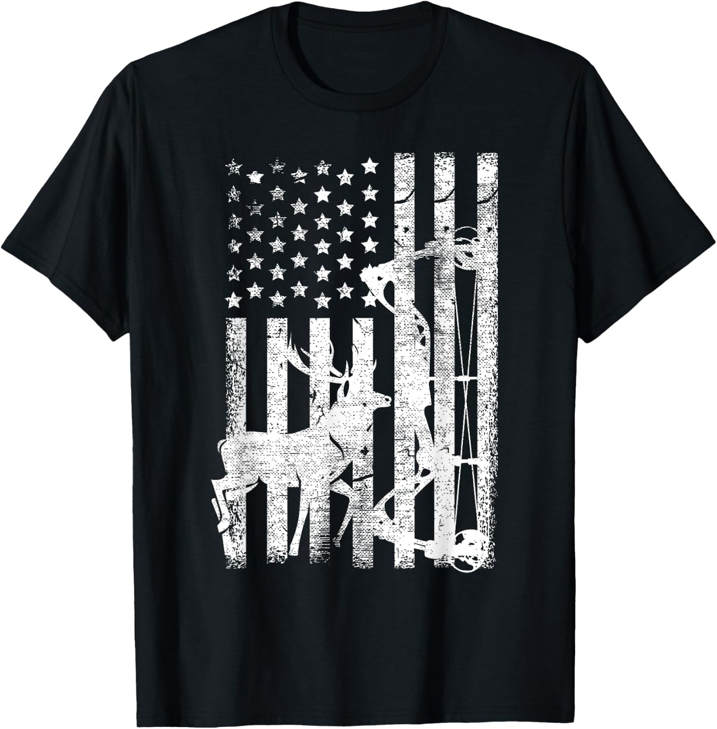 Vintage American Flag Elk Hunting Funny USA Bow Hunters Gift Men T-Shirt - T-Shirt | Black