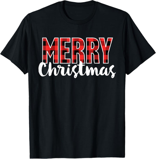 Merry Christmas Shirt Women Men Kids Red Buffalo Plaid Xmas T-Shirt - T-Shirt | Black