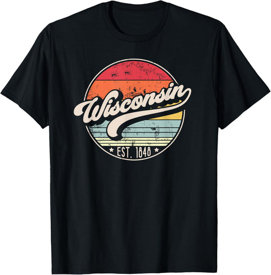 Retro Wisconsin Home State WI Cool 70s Style Sunset T-Shirt - T-Shirt | Black