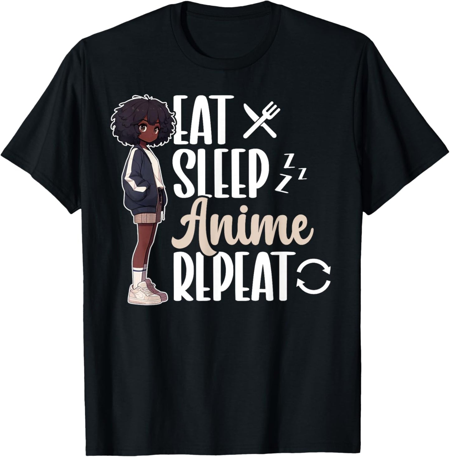 Eat Sleep Anime Repeat African American Afro Anime Merch T-Shirt - T-Shirt | Black