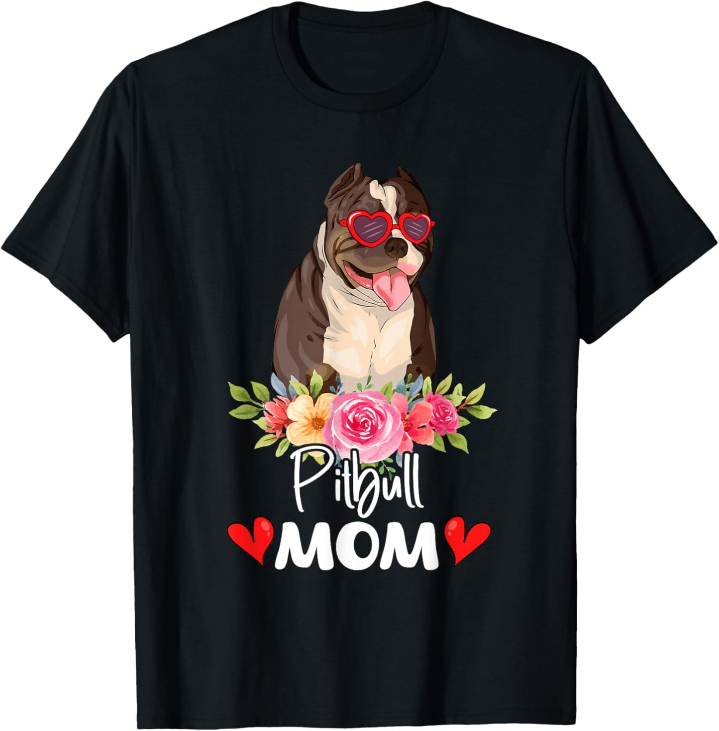 Pitbull Mom Mama Sunglasses Flower Dog Lover Owner T-Shirt - T-Shirt | Black