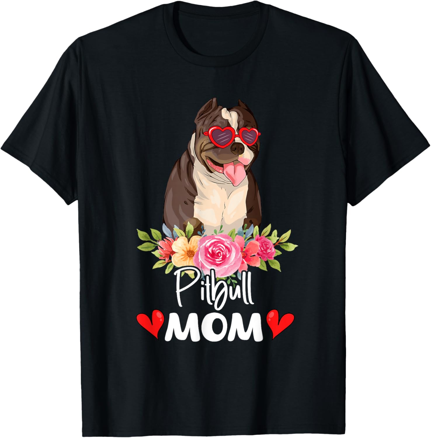 Pitbull Mom Mama Sunglasses Flower Dog Lover Owner T-Shirt - T-Shirt | Black