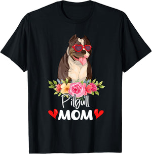 Pitbull Mom Mama Sunglasses Flower Dog Lover Owner T-Shirt - T-Shirt | Black