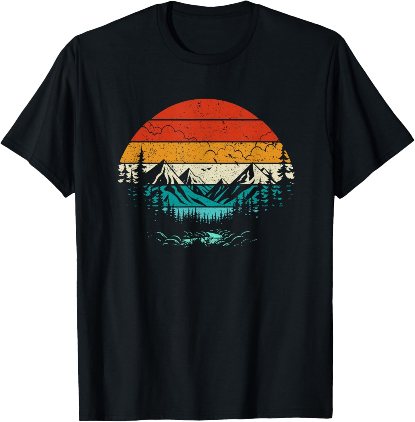 Retro Sunset Mountain Forest Camping Nature Outdoors Hiking T-Shirt - T-Shirt | Black