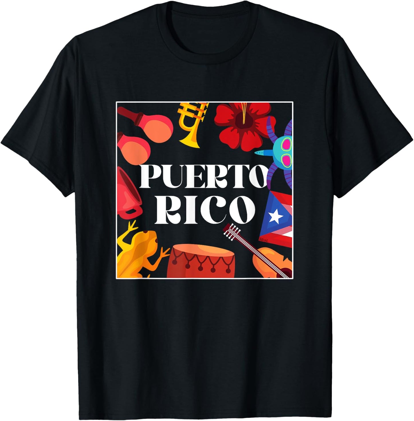 Puerto Rico Flag Flower Amapola Coquí Vejigante Pride T-Shirt - T-Shirt | Black