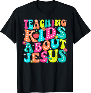 Teaching Kids About Jesus Christian Teacher Retro Groovy T-Shirt - T-Shirt | Black