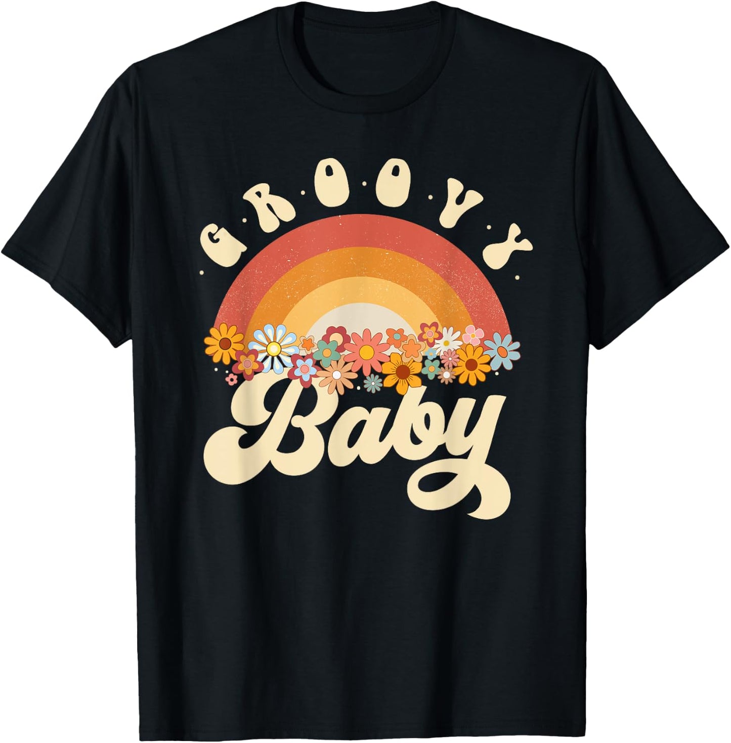 Groovy Baby Retro Rainbow Colorful Flowers Design T-Shirt - T-Shirt | Black