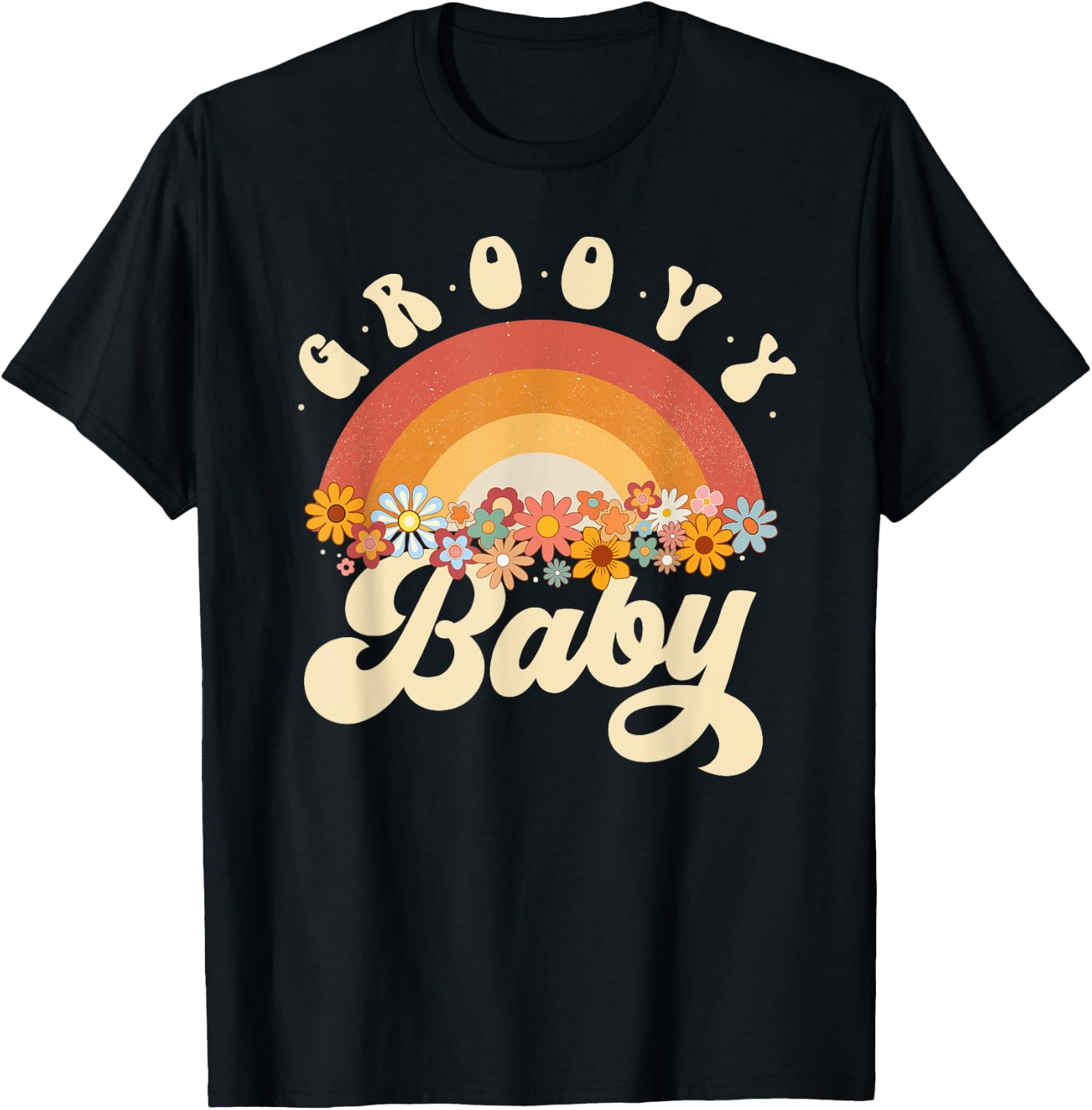 Groovy Baby Retro Rainbow Colorful Flowers Design T-Shirt - T-Shirt | Black