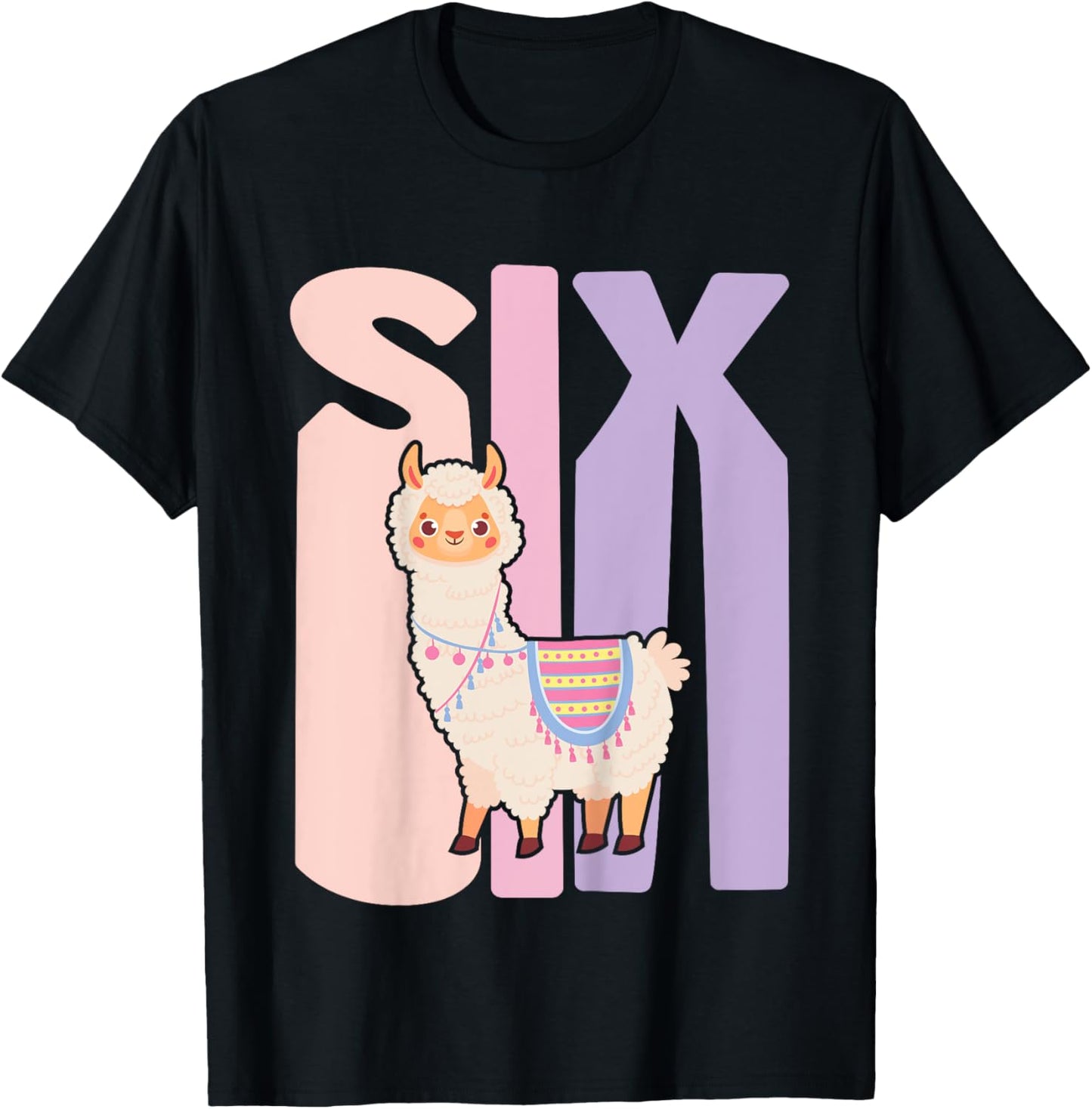 Kids 6 Year Old Cute Llama Alpaca Birthday Girl 6th B-day T-Shirt - T-Shirt | Black