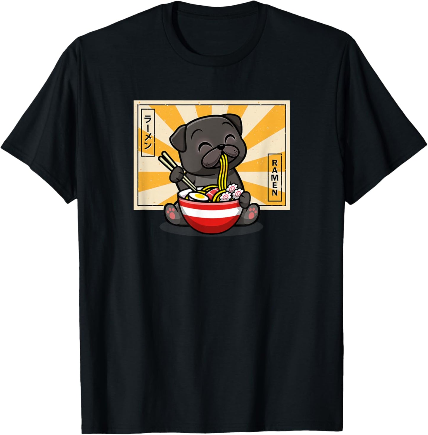 Funny Cartoon Japanese Kawaii Kids Ramen Black Pug Lover T-Shirt - T-Shirt | Black