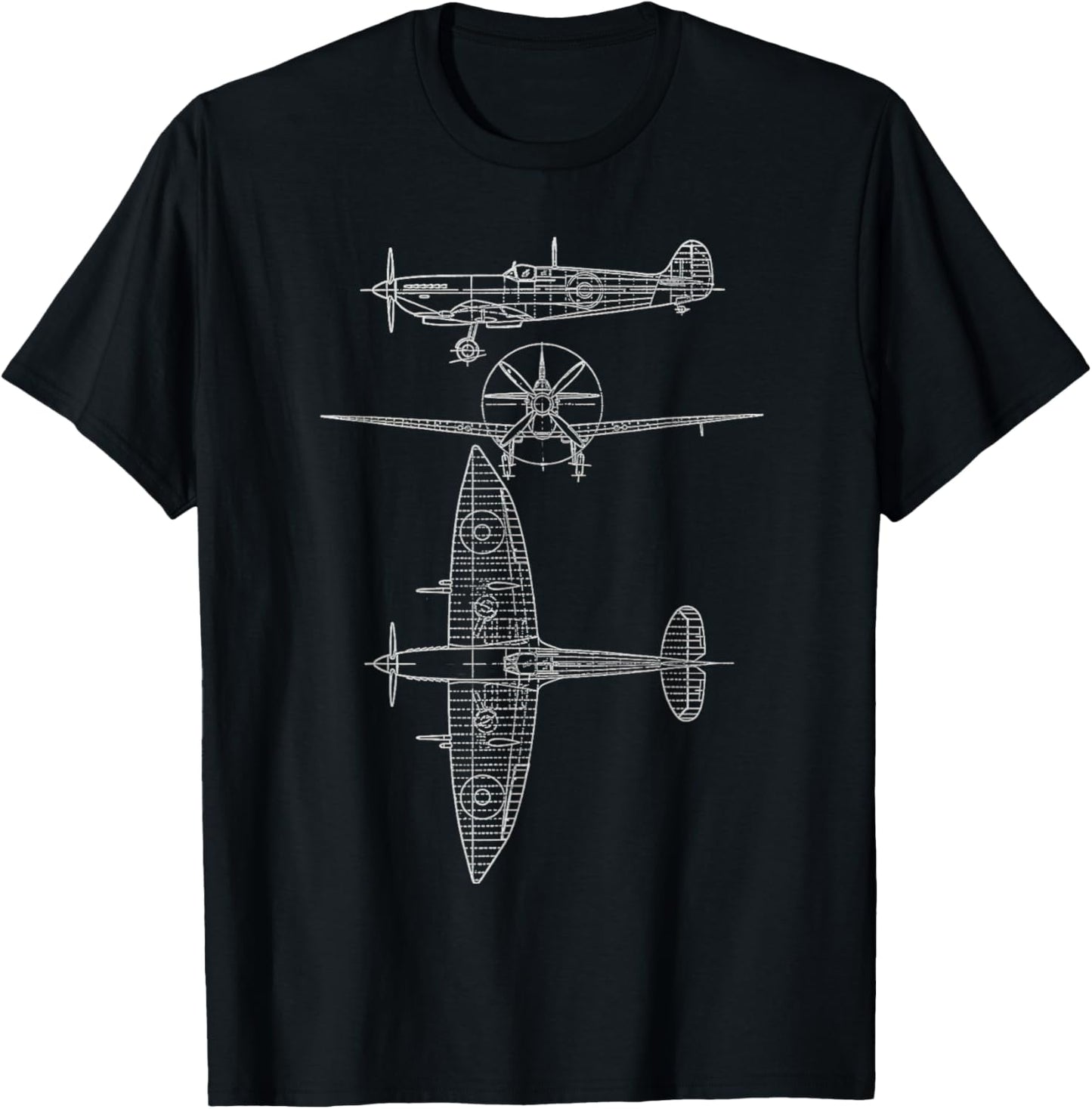 Spitfire Iconic British Airplane Blueprint Design T-Shirt - T-Shirt | Black