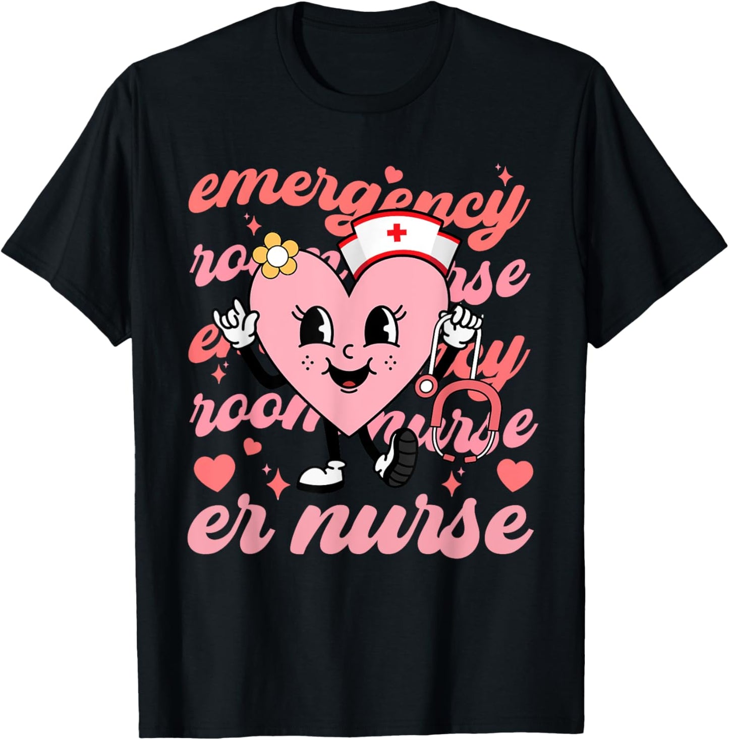 Retro Emergency Room Nurse Valentines Day Hearts Stethoscope T-Shirt - T-Shirt | Black