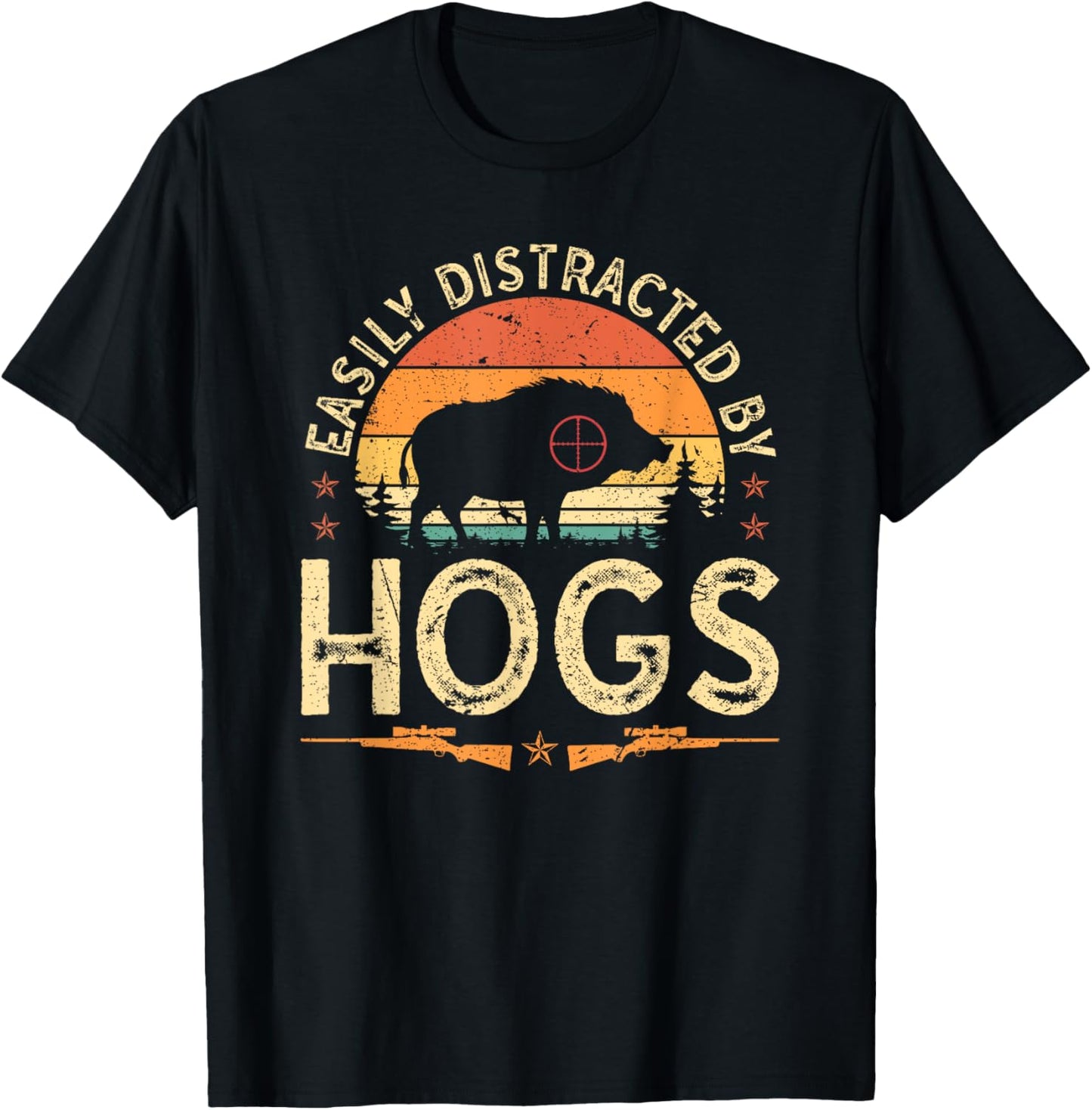 Easily Distracted By Hogs Hog Hunting Retro Wild Boar Rifle T-Shirt - T-Shirt | Black