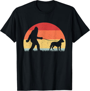 Vintage Bigfoot Walking Pit bull Dog Sasquatch Funny Gifts T-Shirt - T-Shirt | Black