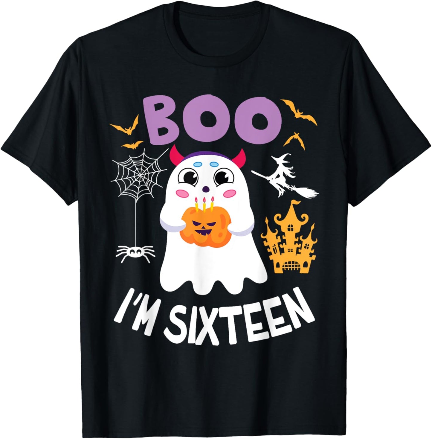 Ghost Hold Pumpkin Birthday Candles BOO I'm Sixteen Years T-Shirt - T-Shirt | Black
