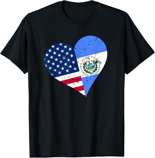 El Salvador USA Heart Distressed Salvadorian American Flag T-Shirt - T-Shirt | Black